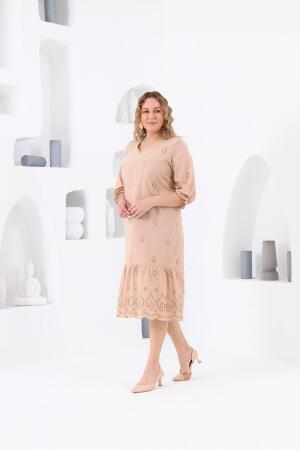 Astarlı Kolları Lastikli Brode Büyük Beden Elbise Krem - RMG (1)