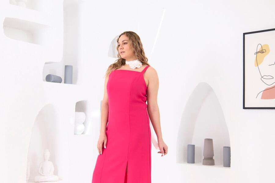 Astarlı Yırtmaç detay Büyük Beden Elbise Fuşya - 4