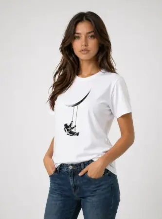 Astronot Ay Temalı Tişört Kısa Kol Yazlık Bisiklet Yaka T-Shirt - Beyaz - 1