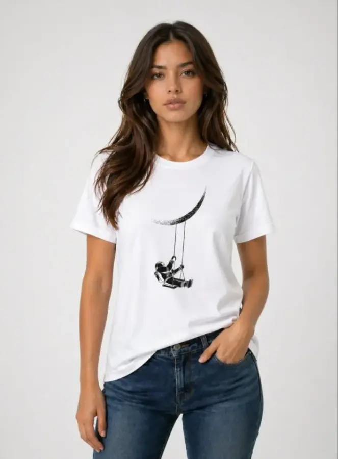Astronot Ay Temalı Tişört Kısa Kol Yazlık Bisiklet Yaka T-Shirt - Beyaz - 2