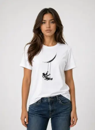 Astronot Ay Temalı Tişört Kısa Kol Yazlık Bisiklet Yaka T-Shirt - Beyaz - 3