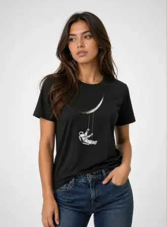 Astronot Ay Temalı Tişört Kısa Kol Yazlık Bisiklet Yaka T-Shirt - Siyah - 1