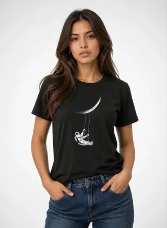 Astronot Ay Temalı Tişört Kısa Kol Yazlık Bisiklet Yaka T-Shirt - Siyah - 2