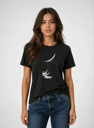 Astronot Ay Temalı Tişört Kısa Kol Yazlık Bisiklet Yaka T-Shirt - Siyah - 3