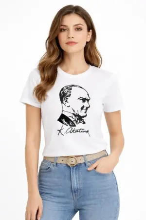 Atatürk Baskılı Tişört Kısa Kollu Bisiklet Yaka T-Shirt - Beyaz - 1