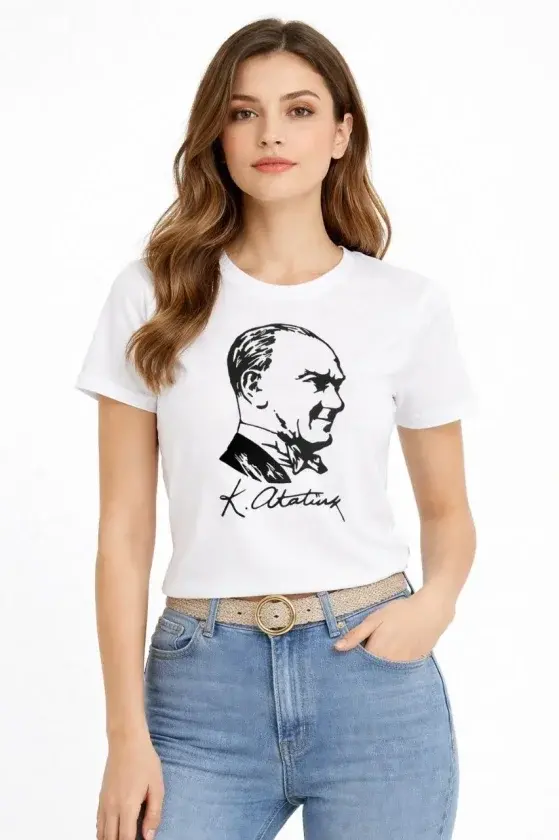 Atatürk Baskılı Tişört Kısa Kollu Bisiklet Yaka T-Shirt - Beyaz - 1