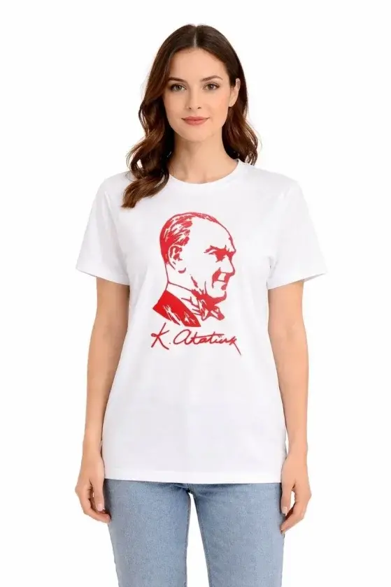 Atatürk Baskılı Tişört Kısa Kollu Bisiklet Yaka T-Shirt - Beyaz - 1
