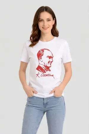 Atatürk Baskılı Tişört Kısa Kollu Bisiklet Yaka T-Shirt - Beyaz - 2