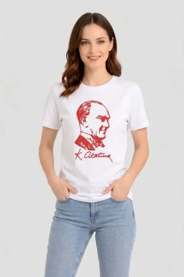 Atatürk Baskılı Tişört Kısa Kollu Bisiklet Yaka T-Shirt - Beyaz - 2