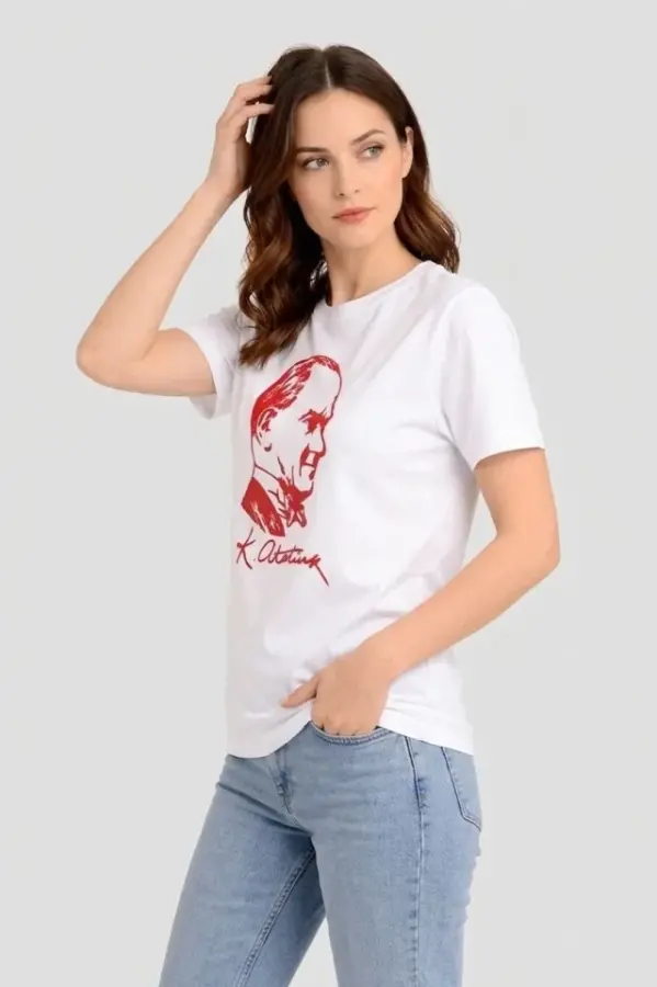 Atatürk Baskılı Tişört Kısa Kollu Bisiklet Yaka T-Shirt - Beyaz - 3