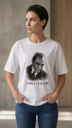 Atatürk Baskılı Tişört Kısa Kollu Bisiklet Yaka T-Shirt - Beyaz - 1