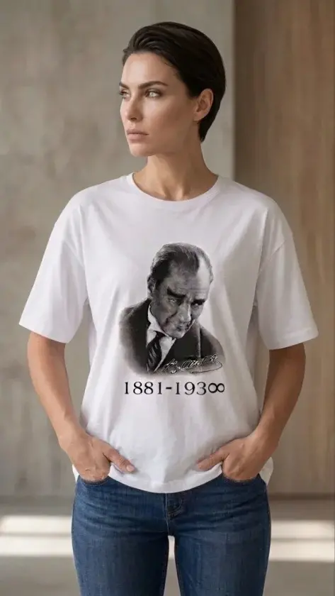 Atatürk Baskılı Tişört Kısa Kollu Bisiklet Yaka T-Shirt - Beyaz - 1