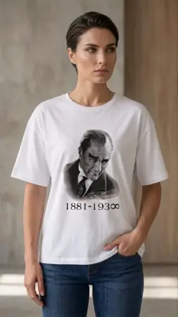Atatürk Baskılı Tişört Kısa Kollu Bisiklet Yaka T-Shirt - Beyaz - ANGELINO BuyukBedeniz (1)