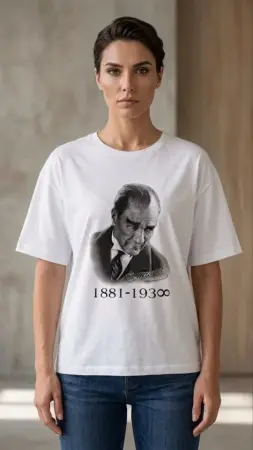 Atatürk Baskılı Tişört Kısa Kollu Bisiklet Yaka T-Shirt - Beyaz - 3