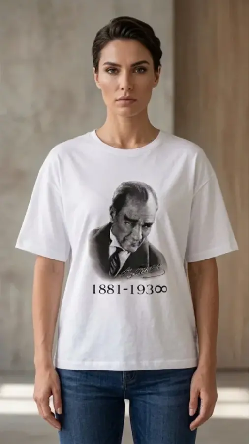Atatürk Baskılı Tişört Kısa Kollu Bisiklet Yaka T-Shirt - Beyaz - 3
