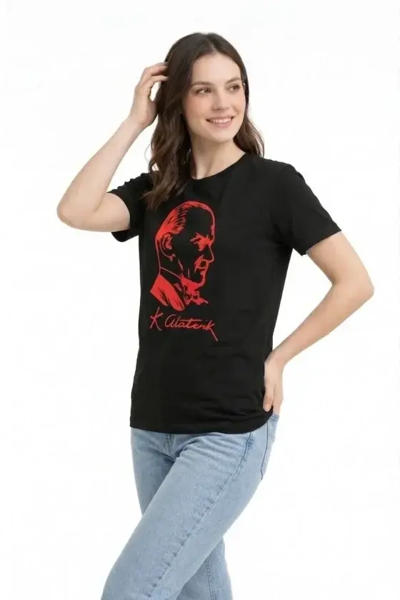 Atatürk Baskılı Tişört Kısa Kollu Bisiklet Yaka T-Shirt - Siyah - 1