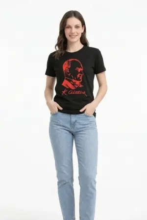 Atatürk Baskılı Tişört Kısa Kollu Bisiklet Yaka T-Shirt - Siyah - 2