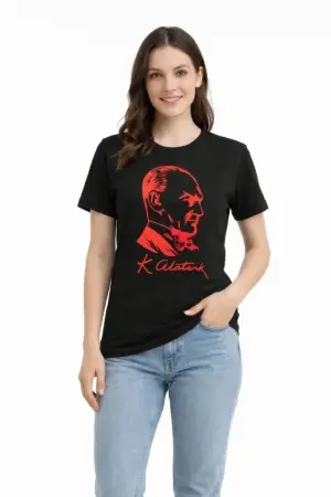 Atatürk Baskılı Tişört Kısa Kollu Bisiklet Yaka T-Shirt - Siyah - 3