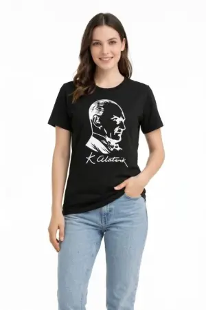 Atatürk Baskılı Tişört Kısa Kollu Bisiklet Yaka T-Shirt - Siyah - 1