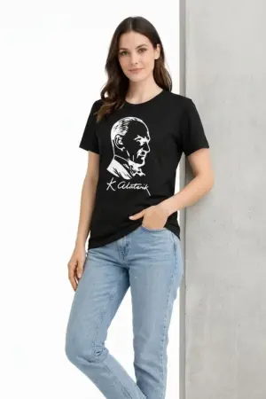 Atatürk Baskılı Tişört Kısa Kollu Bisiklet Yaka T-Shirt - Siyah - 2