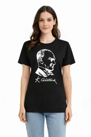 Atatürk Baskılı Tişört Kısa Kollu Bisiklet Yaka T-Shirt - Siyah - 3