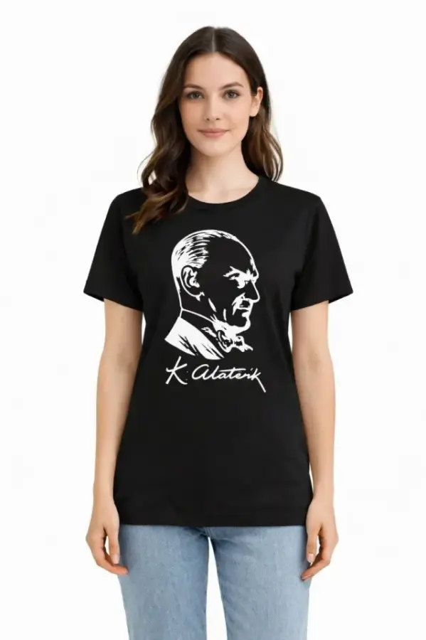 Atatürk Baskılı Tişört Kısa Kollu Bisiklet Yaka T-Shirt - Siyah - 3