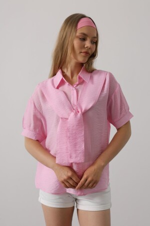 Atkı Detaylı Yarım Kol Gömlek - Pembe - 1