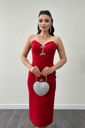 Atlas Kumaş Askılı Payet Detaylı Kalem Elbise - KIRMIZI - 3