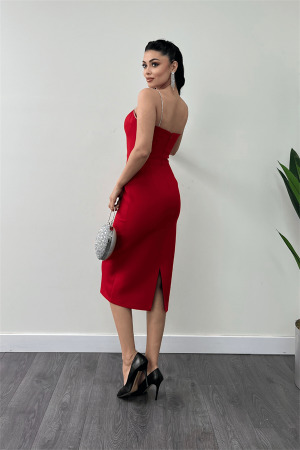 Atlas Kumaş Askılı Payet Detaylı Kalem Elbise - KIRMIZI - 5