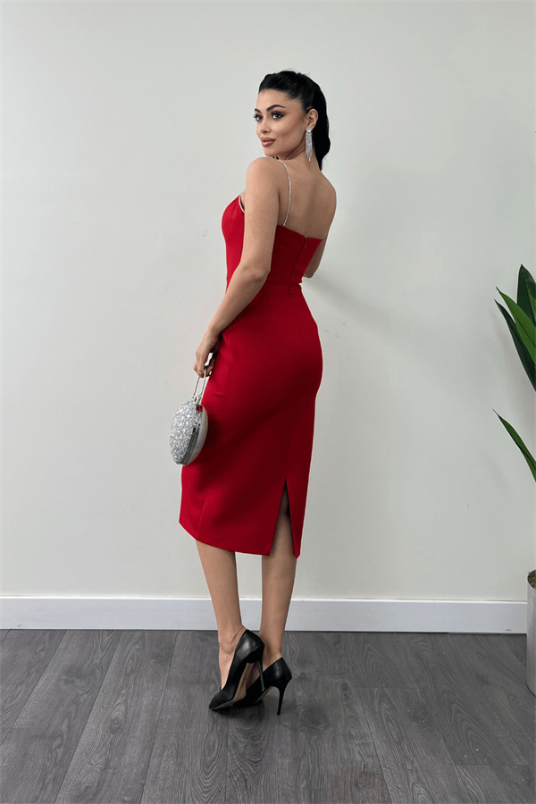 Atlas Kumaş Askılı Payet Detaylı Kalem Elbise - KIRMIZI - 5