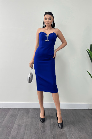 Atlas Kumaş Askılı Payet Detaylı Kalem Elbise - SAKS MAVİ - Angelino Moda