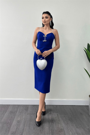 Atlas Kumaş Askılı Payet Detaylı Kalem Elbise - SAKS MAVİ - Angelino Moda (1)