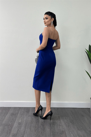 Atlas Kumaş Askılı Payet Detaylı Kalem Elbise - SAKS MAVİ - 5