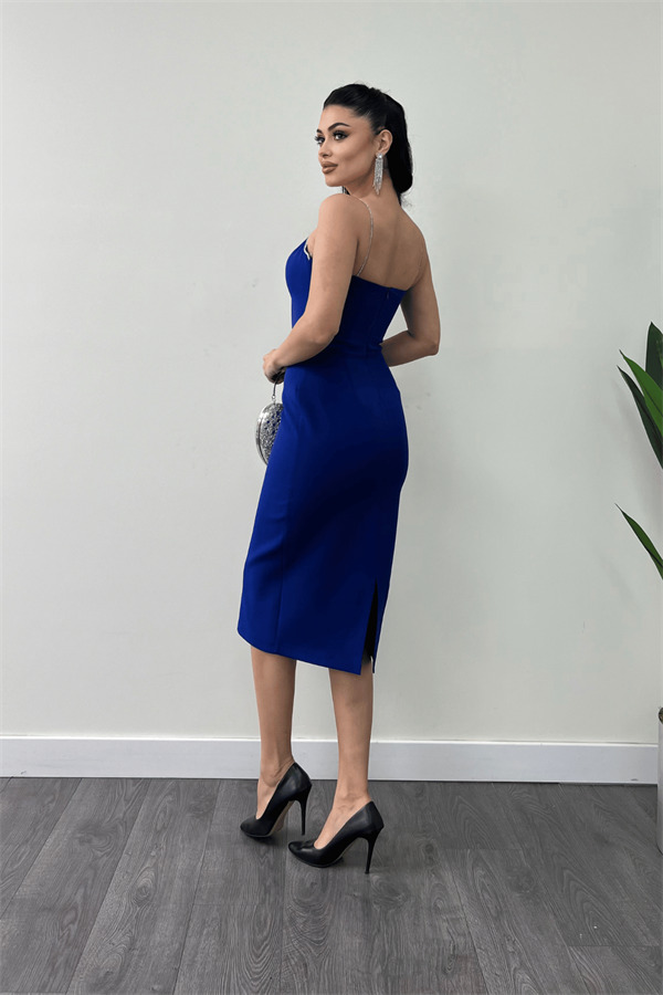 Atlas Kumaş Askılı Payet Detaylı Kalem Elbise - SAKS MAVİ - 5