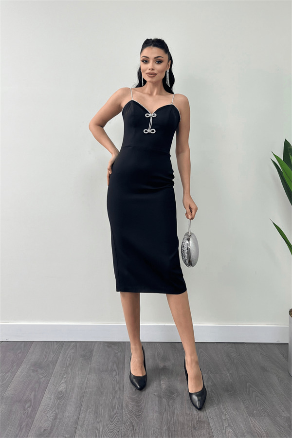 Atlas Kumaş Askılı Payet Detaylı Kalem Elbise - SİYAH - 1