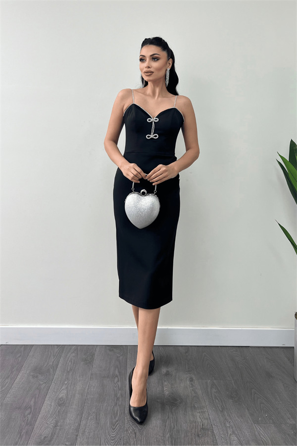 Atlas Kumaş Askılı Payet Detaylı Kalem Elbise - SİYAH - 2