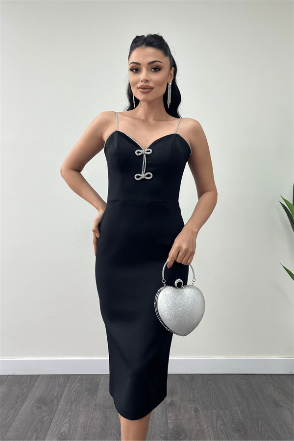 Atlas Kumaş Askılı Payet Detaylı Kalem Elbise - SİYAH - 3