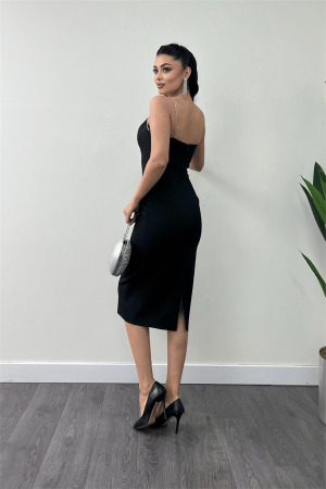 Atlas Kumaş Askılı Payet Detaylı Kalem Elbise - SİYAH - 5