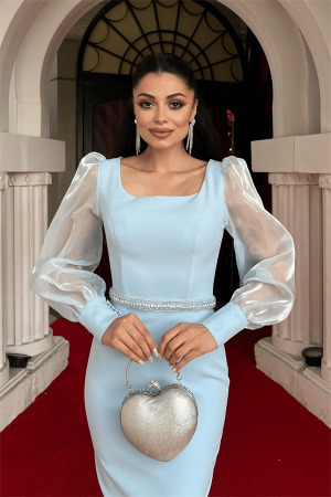 Atlas Kumaş Belli Taşlı Kalem Elbise - BEBE MAVİSİ - 4