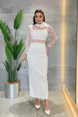 Atlas Kumaş Dantel Detaylı Elbise - BEYAZ - Angelino Moda