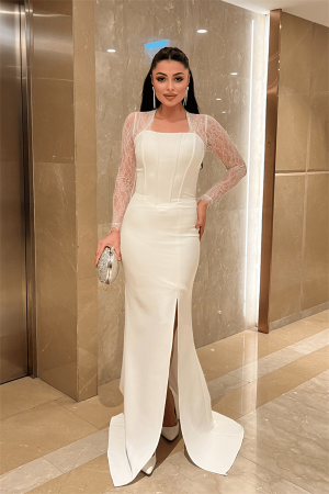 Atlas Kumaş Dantel Detaylı Korseli Abiye Elbise - BEYAZ - Angelino Moda (1)