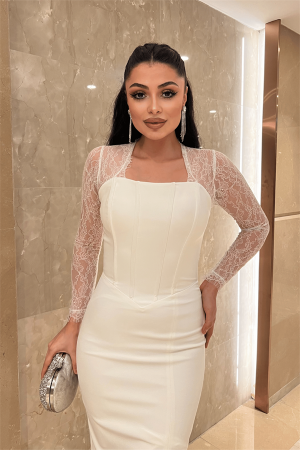 Atlas Kumaş Dantel Detaylı Korseli Abiye Elbise - BEYAZ - 3