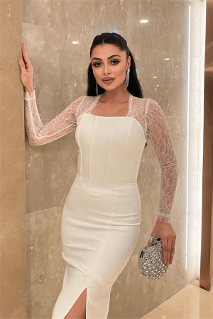 Atlas Kumaş Dantel Detaylı Korseli Abiye Elbise - BEYAZ - 4