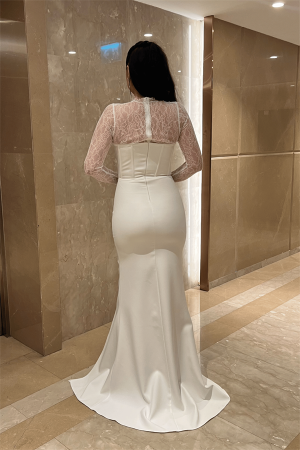 Atlas Kumaş Dantel Detaylı Korseli Abiye Elbise - BEYAZ - 5