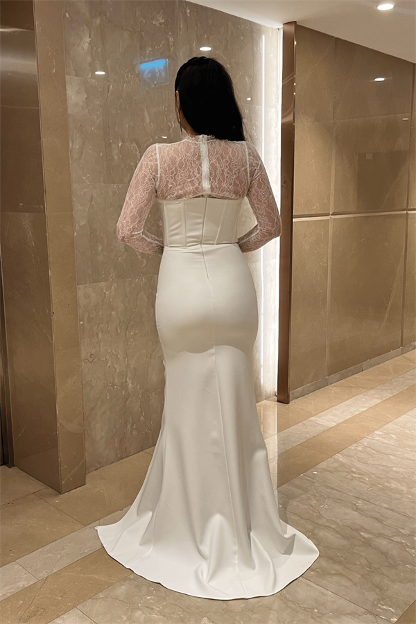 Atlas Kumaş Dantel Detaylı Korseli Abiye Elbise - BEYAZ - 5