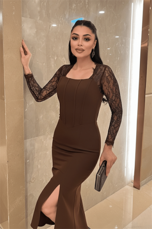 Atlas Kumaş Dantel Detaylı Korseli Abiye Elbise - KAHVERENGİ - Angelino Moda (1)