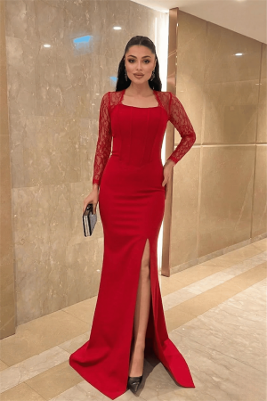 Atlas Kumaş Dantel Detaylı Korseli Abiye Elbise - KIRMIZI - Angelino Moda