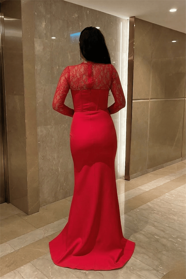 Atlas Kumaş Dantel Detaylı Korseli Abiye Elbise - KIRMIZI - 4