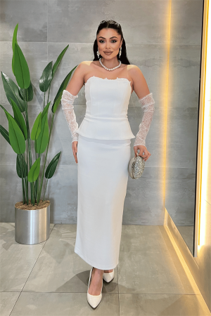 Atlas Kumaş Dantel Detaylı Straplez Elibse - BEYAZ - Angelino Moda