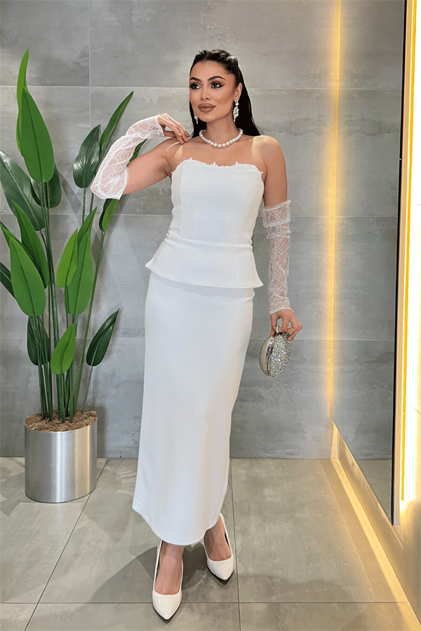 Atlas Kumaş Dantel Detaylı Straplez Elibse - BEYAZ - 2